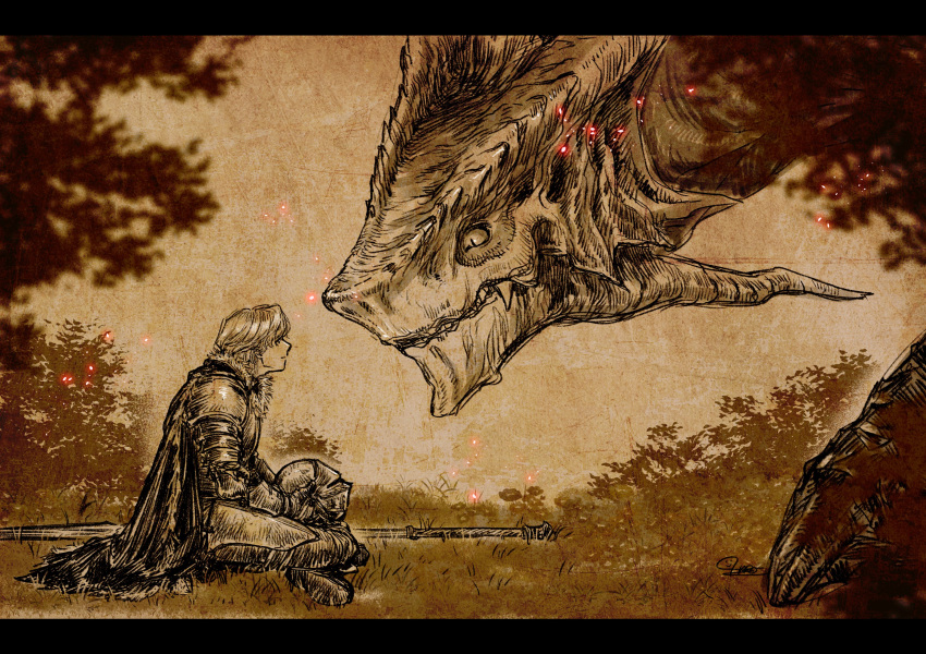 1boy, 1girl, absurdres, ancient_dragon_(elden_ring), ancient_dragon_lansseax, armet, armor, cape