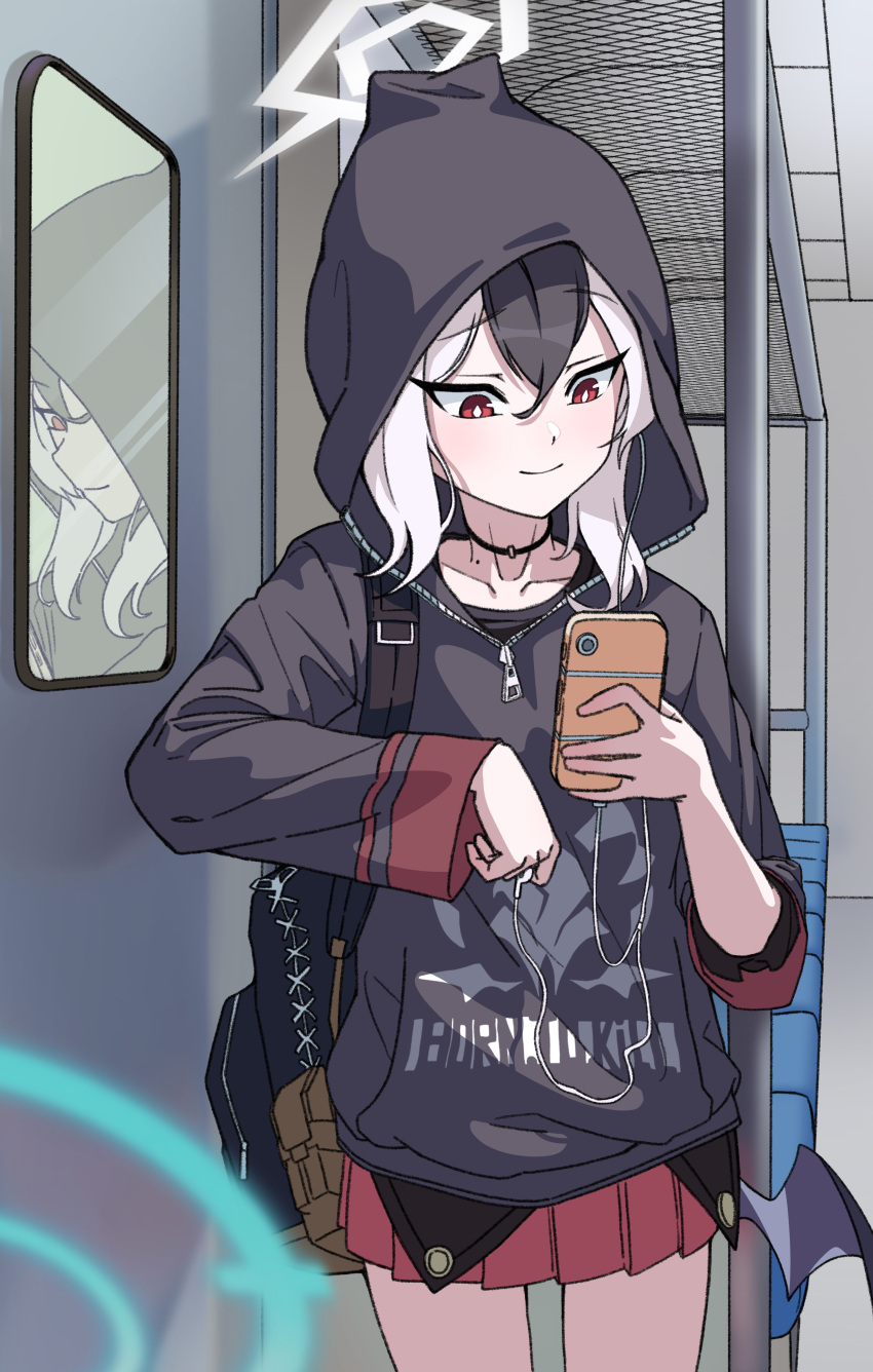 1girl, absurdres, backpack, bag, black_bag, black_hair, black_hoodie, blue_archive, commentary, demon_wings, halo, highres, holding, holding_phone, hood, hoodie, kayoko_(blue_archive), on_train, phone, red_skirt, single_wing, skirt, user_fxhp5832, white_hair, white_halo, wings