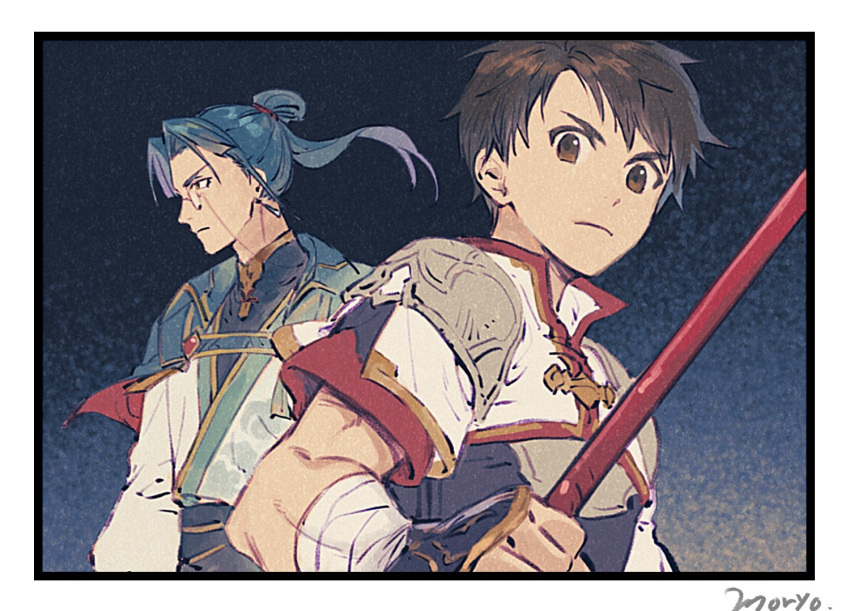 2boys, bandaged_arm, bandages, black_hair, blue_hair, gensou_suikoden, gensou_suikoden_star_leap, hero_(suikoden_star_leap)
