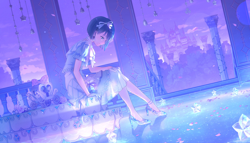 1girl, blue_dress, blue_eyes, blue_hair, carriage, castle, cheer_with_my_heart!_(project_sekai), colorful_palette