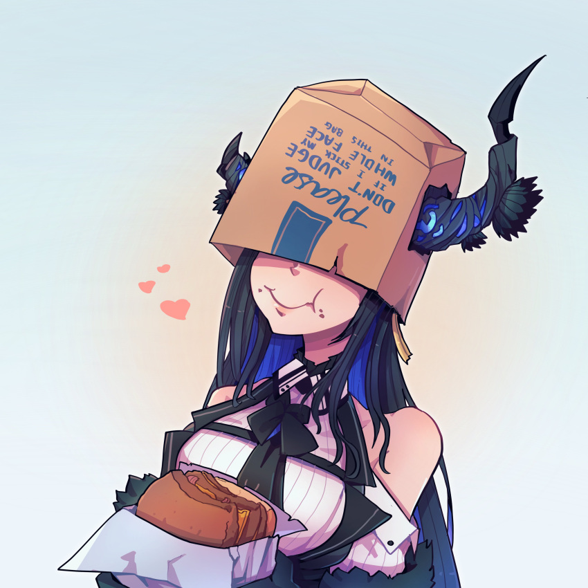 1girl, absurdres, asymmetrical_horns, bag, bare_shoulders, black_hair, black_ribbon, blue_hair, breasts, burger, clothes_writing, covered_face, culver's, demon_horns, eating, food, food_on_face, french_fries, heart, highres, hololive, hololive_english, horns, large_breasts, nerissa_ravencroft, nerissa_ravencroft_(1st_costume), paper_bag, ribbon, rocky_birdy, shirt, simple_background, smile, spoken_heart, upper_body, virtual_youtuber, white_shirt