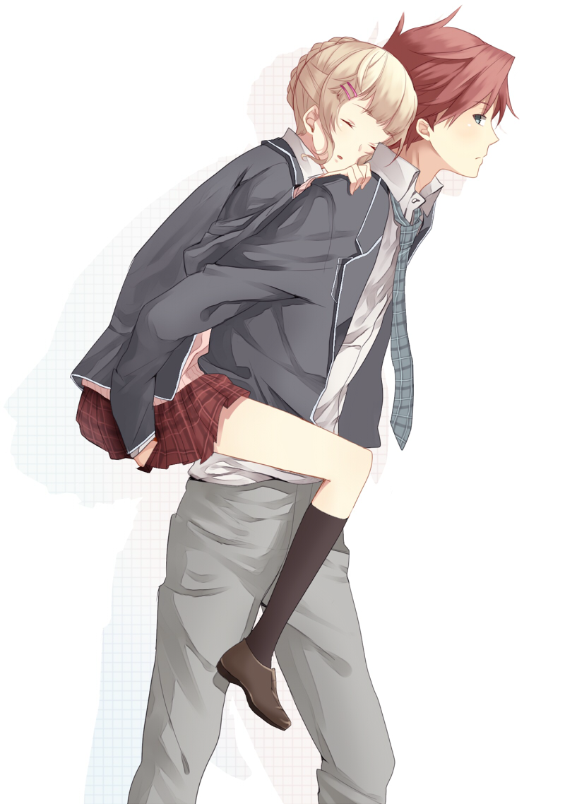 1girl, beatrice, black_kneehighs, black_legwear, blonde_hair, blue_eyes, carrying, closed_eyes, couple, eyes_closed, hair_bun, hair_ornament, hairclip, hand_on_shoulder, jacket, kneehighs, kouichirou, necktie, piggyback, plaid, red_hair, redhead, school_uniform, short_hair, skirt, sleeping, tartan, umineko_no_naku_koro_ni, ushiromiya_battler