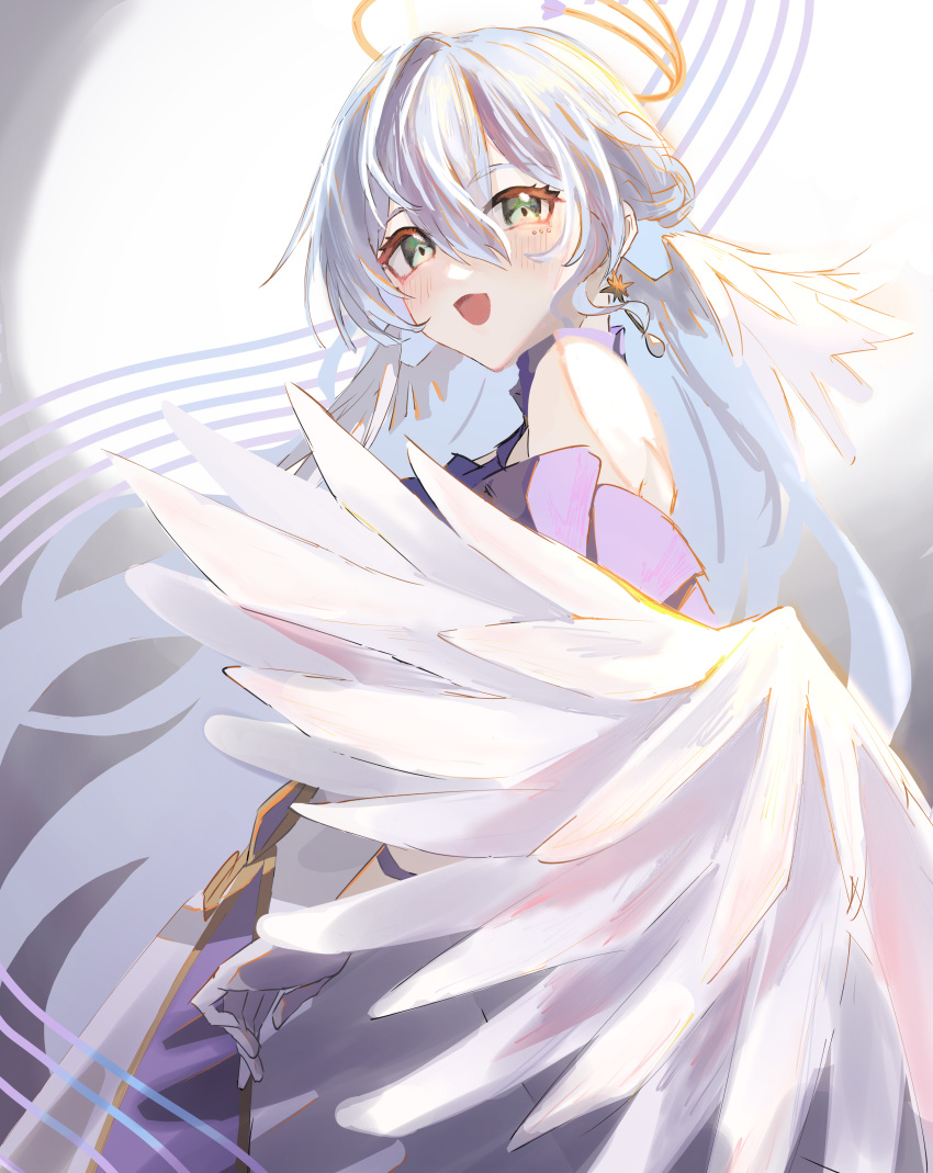 1girl, absurdres, bare_shoulders, blue_hair, commentary_request, dress, earrings, feathered_wings, gloves, green_eyes, hair_between_eyes, halo, head_wings, highres, honkai:_star_rail, honkai_(series), jewelry, long_hair, looking_at_viewer, low_wings, neneneneko, open_mouth, purple_dress, robin_(honkai:_star_rail), solo, two-tone_dress, white_dress, white_gloves, white_wings, wings