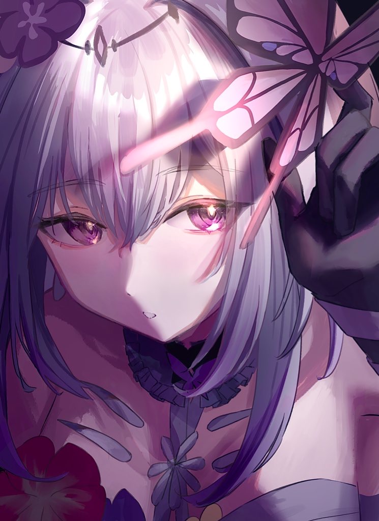 1girl, bare_shoulders, black_gloves, breasts, bug, butterfly, castorice_(honkai:_star_rail), commentary_request