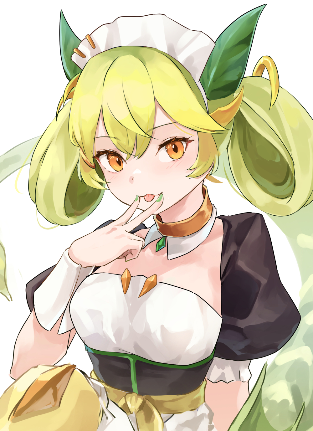 1girl, :3, black_dress, blurry, blurry_background, breasts, dragon_girl, dragon_horns, dragon_tail, dragon_wings, dress, duel_monster, green_hair, green_hoodie, green_nails, green_tail, green_wings, hair_rings, highres, hood, hoodie, horns, long_hair, low_wings, maid, maid_headdress, medium_breasts, parlor_dragonmaid, simple_background, solo, tail, tongue, tongue_out, twintails, unagishirou, upper_body, v, white_background, white_dress, wings, yu-gi-oh!