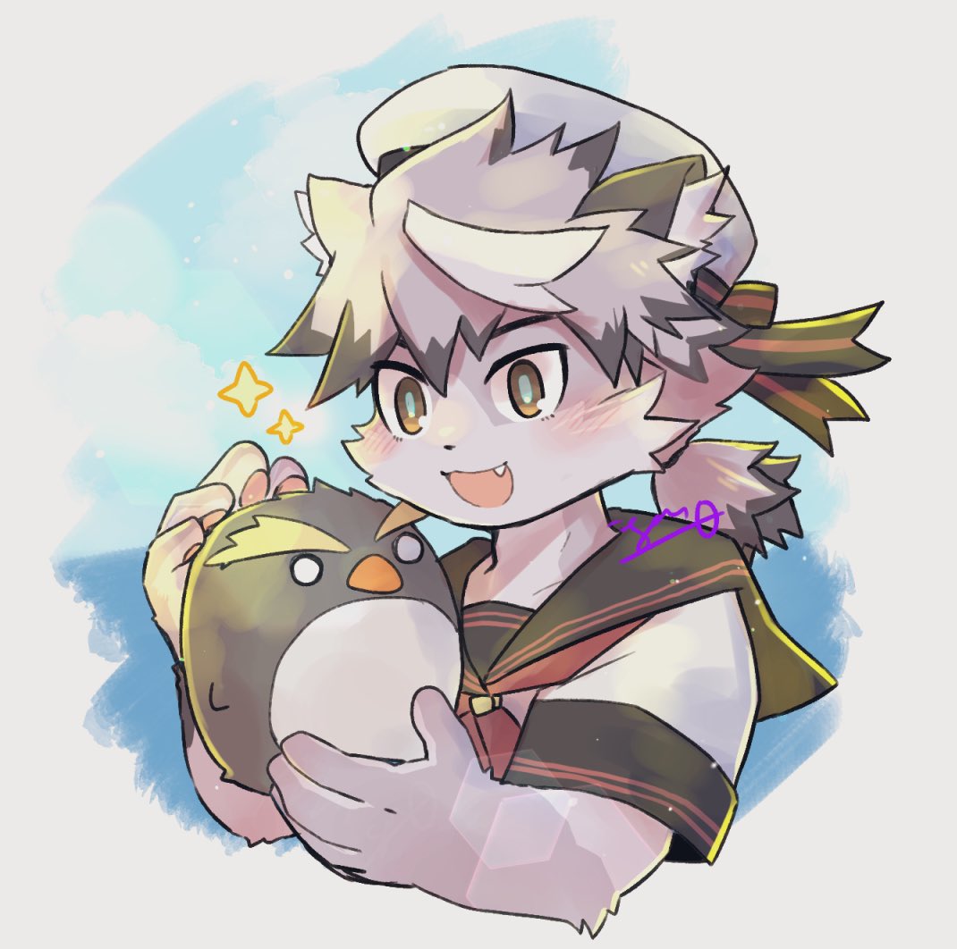 1boy, animal_ears, beak, bird, cat_boy, cat_ears, colored_tips, commentary