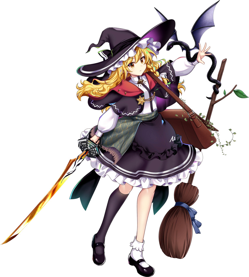 1girl, alternate_costume, asymmetrical_legwear, bag, black_capelet, black_shoes, black_skirt, black_socks, blonde_hair, bow, braid, broom, brown_bag, capelet, closed_mouth, evil_dragon_(touhou), frilled_skirt, frills, full_body, game_cg, hat, hat_bow, highres, holding, holding_sword, holding_weapon, kirisame_marisa, kirisame_marisa_(draconic_black_magic_knight), kneehighs, long_hair, long_sleeves, looking_at_viewer, mini-hakkero, mismatched_legwear, official_art, rotte_(1109), shoes, shoulder_bag, side_braid, single_braid, single_kneehigh, single_sock, skirt, socks, solo, sword, third-party_source, touhou, touhou_lostword, transparent_background, uneven_legwear, weapon, white_socks, witch_hat, yellow_eyes