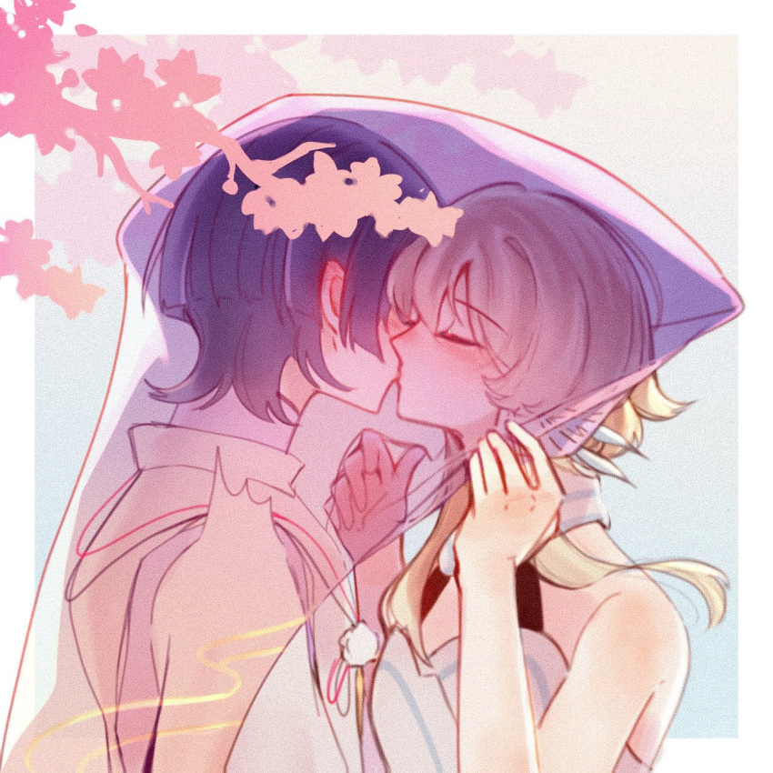 1boy, 1girl, alphastroo, bare_shoulders, blonde_hair, blue_feathers, blue_trim, blunt_ends