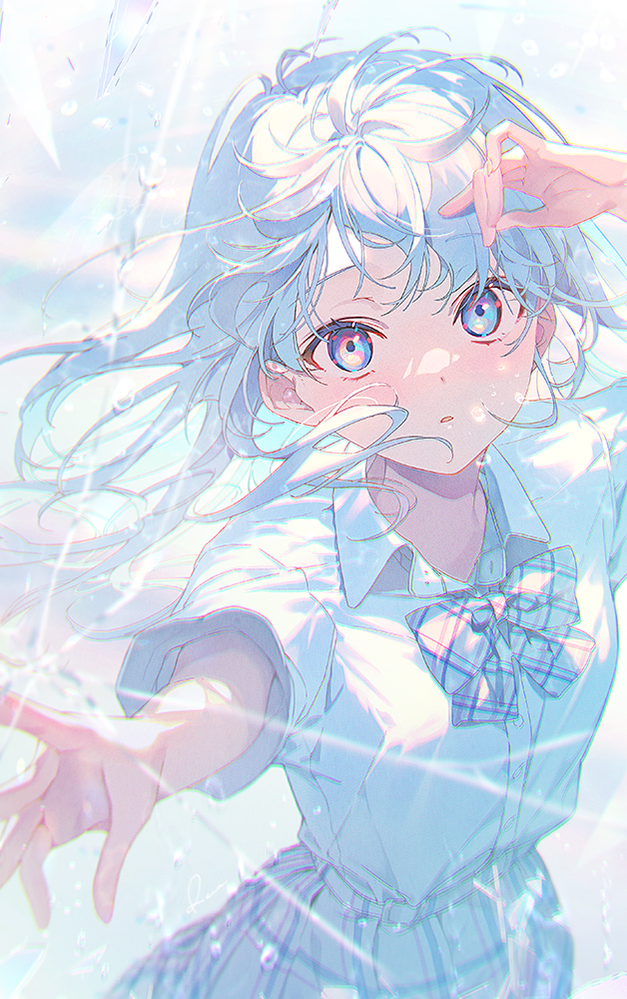 1girl, blue_eyes, blue_hair, blush, bow, bowtie, collared_shirt, commentary_request, crack, eshi_100_nin_ten, hand_up, long_hair, looking_at_viewer, original, outstretched_arm, parted_lips, plaid_bow, plaid_clothes, plaid_skirt, pleated_skirt, reia, shirt, short_sleeves, skirt, solo, upper_body, white_bow, white_bowtie, white_shirt, white_skirt
