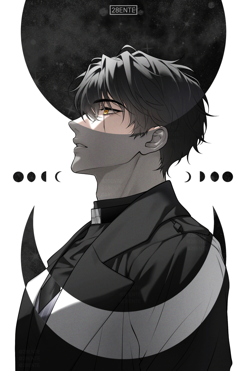 1boy, 28ente, absurdres, artist_name, black_hair, black_shirt, commentary, crescent, from_side, hashtag-only_commentary, highres, jacket, lapels, looking_up, male_focus, moon, moon_phases, notched_lapels, omniscient_reader's_viewpoint, parted_lips, profile, scar, scar_on_face, shirt, short_hair, solo, suit_jacket, teeth, upper_body, white_background, yellow_eyes, yoo_joonghyuk