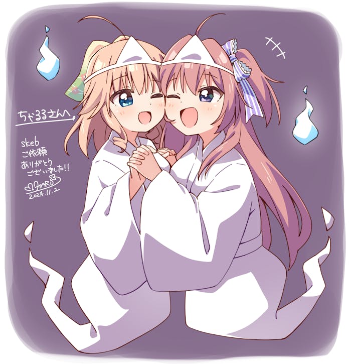 +++, 2girls, ;d, azuse_matsuri, blonde_hair, blue_eyes, blush, border