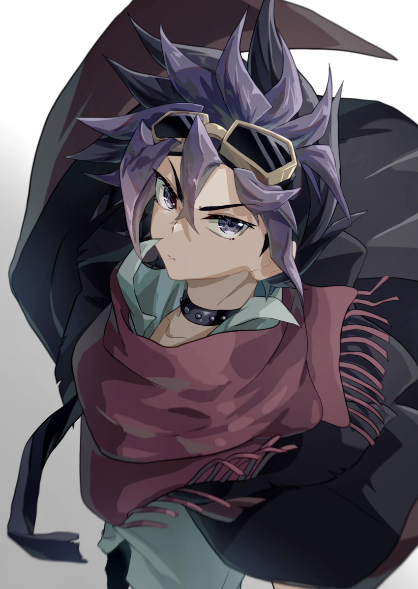 1boy, black_choker, black_coat, black_hair, choker, coat, goggles, goggles_on_head