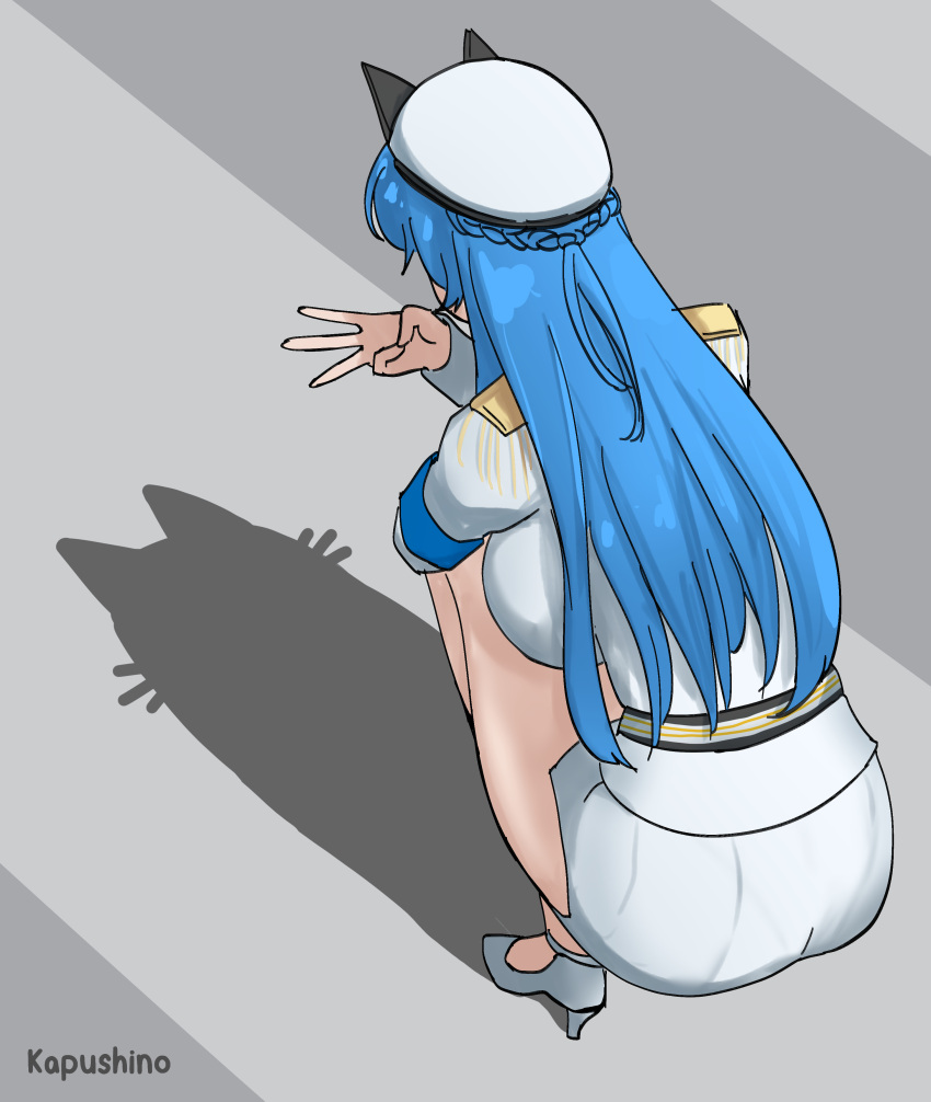 1girl, absurdres, blue_hair, braid, breasts, cat, cat_shadow_puppet_(meme), epaulettes, faustino_tk, goddess_of_victory:_nikke, half_up_half_down_braid, hat, helm_(nikke), high_heels, highres, large_breasts, meme, peaked_cap, shadow, sitting, skirt, thighs
