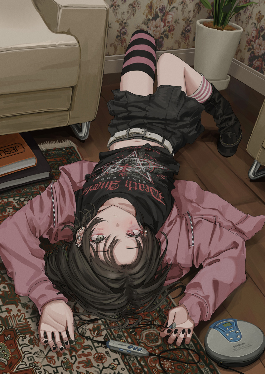 1girl, absurdres, asymmetrical_legwear, belt, black_nails, black_shirt, black_skirt, book