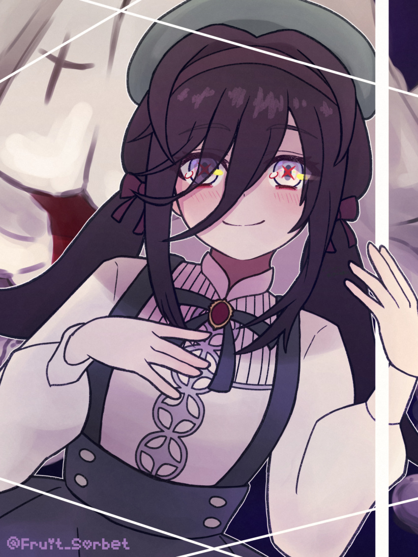 1girl, beret, black_hair, blush, closed_mouth, cosplay, hair_between_eyes, hat