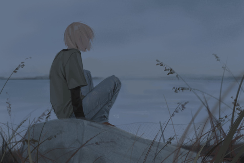 1boy, armin_arlert, black_shirt, blonde_hair, blue_pants, commentary, contemporary, denim