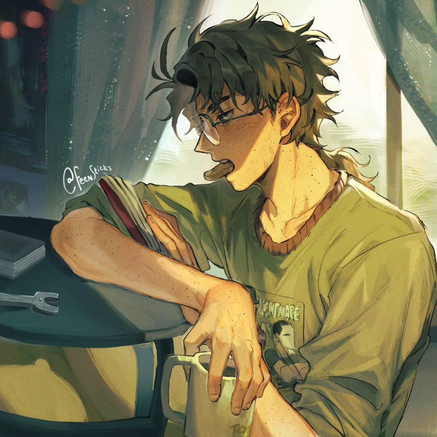 1boy, alternate_costume, brown_hair, chicheesticks, cookie, cup, food, food_in_mouth