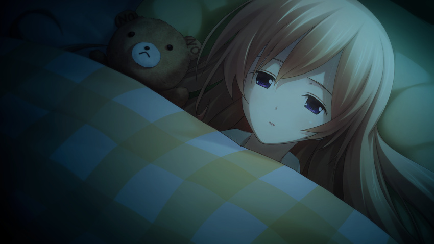 1girl, bed, bedroom, blanket, chaos;child, checkered_bed_sheet, dark, falling_asleep, game_cg, hair_between_eyes, head_on_pillow, highres, indoors, kurusu_nono, long_hair, looking_at_viewer, lying, narrowed_eyes, no_print, non-web_source, official_art, on_bed, open_mouth, orange_hair, pajamas, pillow, pink_pajamas, sasaki_mutsumi, shiny_lips, shiny_skin, sleepy, solo, stuffed_animal, stuffed_toy, teddy_bear, tongue, under_covers, violet_eyes