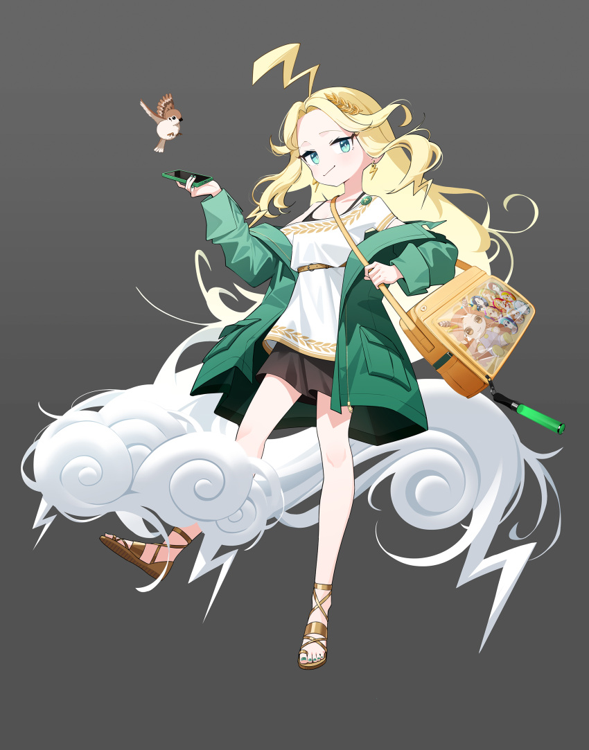 1girl, absurdres, ahoge, animal, bag, bird, black_skirt, blonde_hair