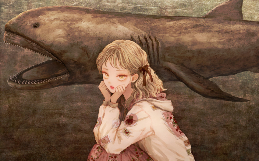 1girl, blonde_hair, brown_eyes, commentary, english_commentary, hair_ribbon, hands_on_own_cheeks, hands_on_own_face, hands_up, highres, hood, hood_down, hooded_jacket, jacket, long_hair, long_sleeves, looking_at_viewer, megamouth_shark, original, pink_lips, print_jacket, ribbon, shark, sitting, solo, stuffed_animal, stuffed_toy, teddy_bear, white_jacket, yu_(lovepayon)