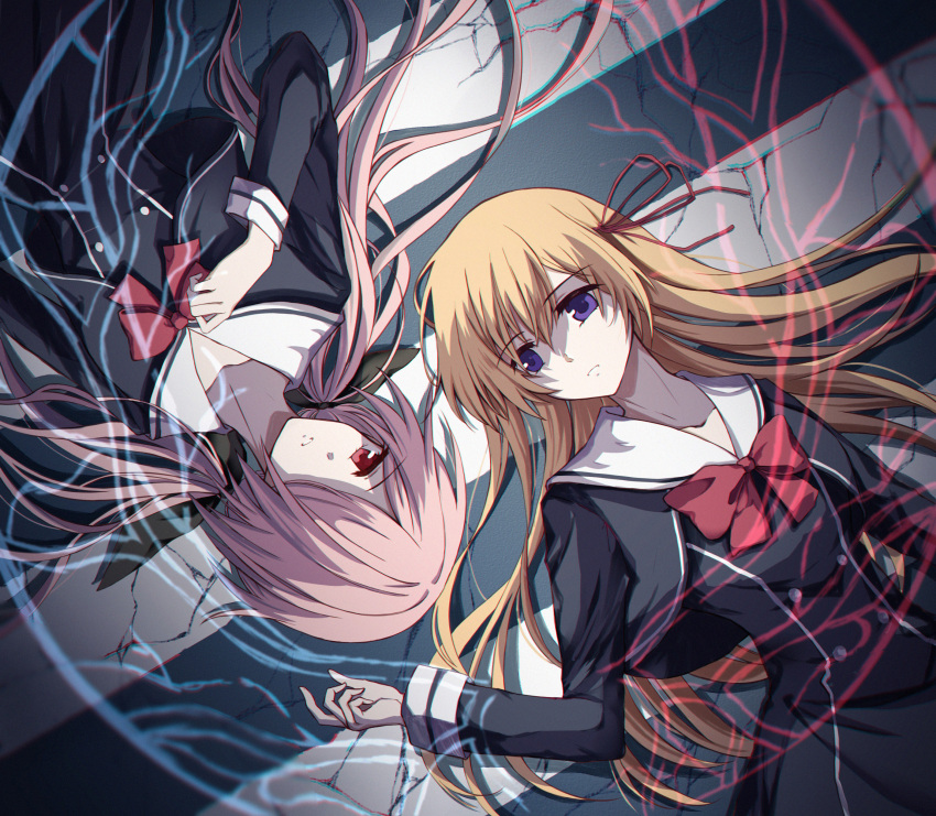 2girls, absurdres, black_dress, black_jacket, bow, breasts, buttons, chaos;child