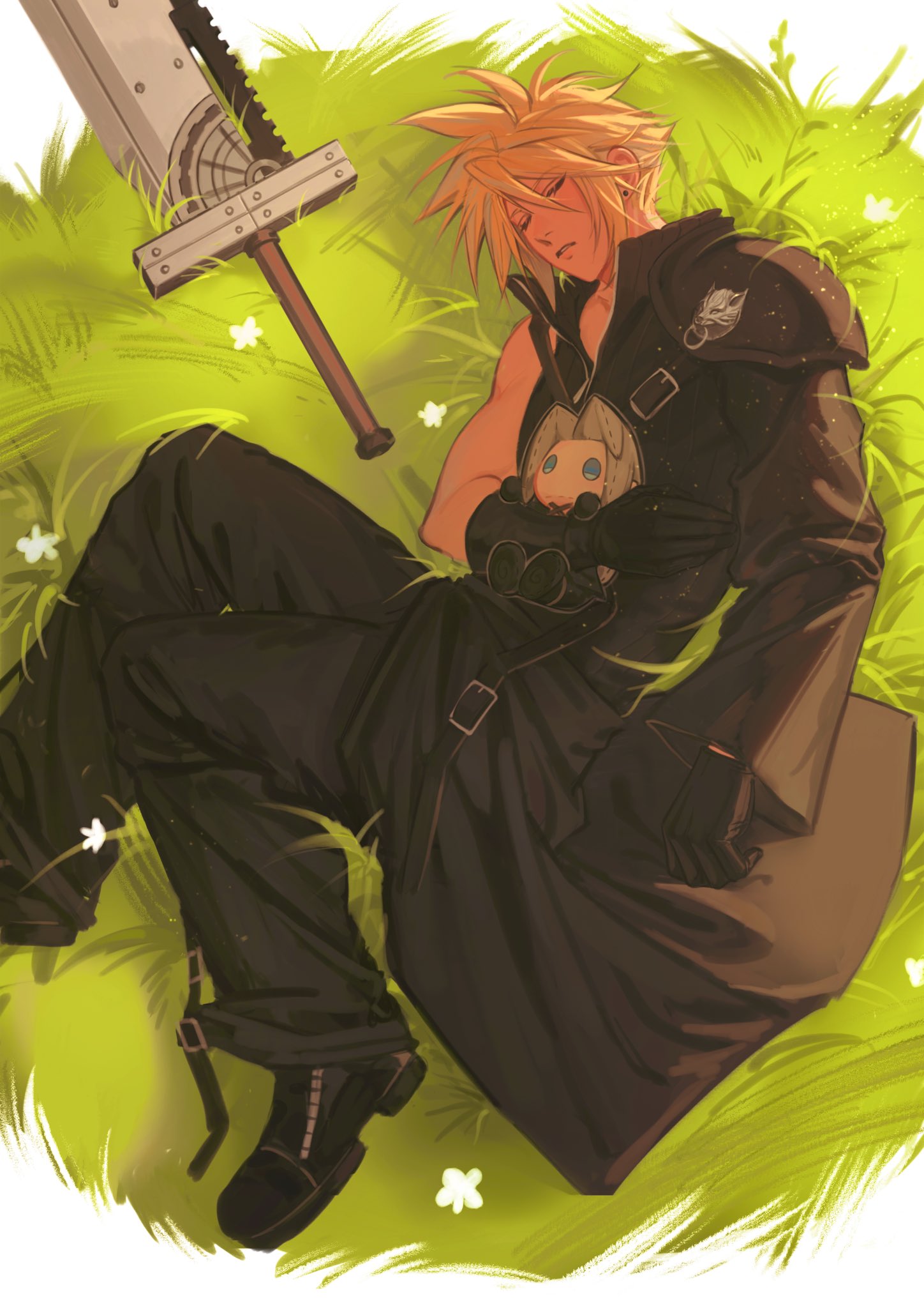 1boy, armor, black_coat, black_pants, black_shoes, blonde_hair, boots, buster_sword