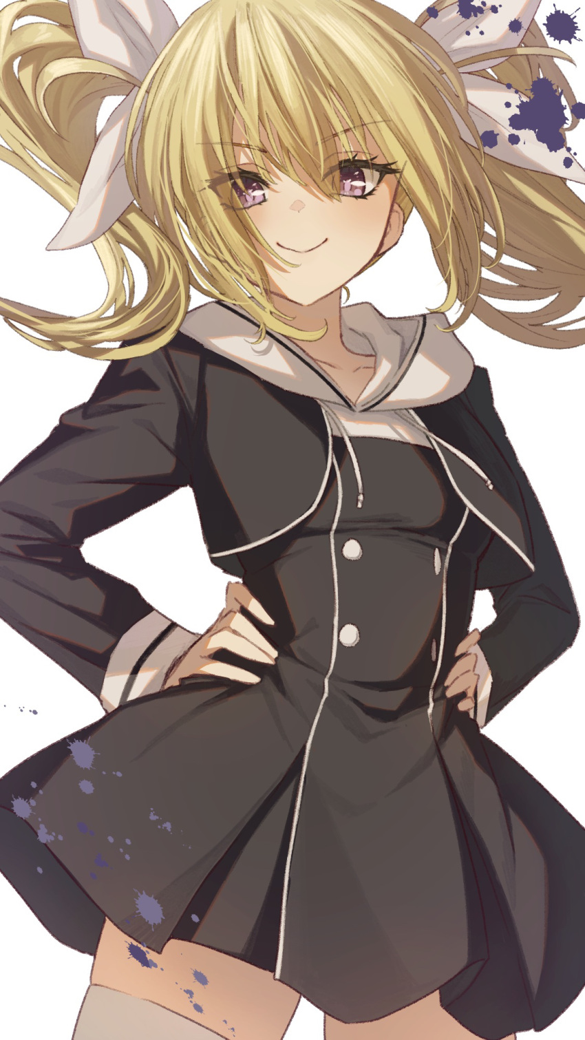 1girl, arimura_hinae, blonde_hair, bow, breasts, buttons, chaos;child, chest_bow, collarbone, cropped_jacket, double-breasted, dress, ears_visible_through_hair, floating_hair, hair_between_eyes, hair_bow, hair_ribbon, hands_on_own_hips, hekiho_academy, hekiho_academy_uniform, highres, jacket, long_hair, long_sleeves, looking_at_viewer, multiple_hair_bows, niro_(sikabanekurui), paint, pleated_skirt, ribbon, school_uniform, shirt, simple_background, skirt, small_breasts, smile, solo, thick_thighs, thigh-highs, thighs, twintails, violet_eyes, white_background, white_ribbon, white_thighhighs, zettai_ryouiki