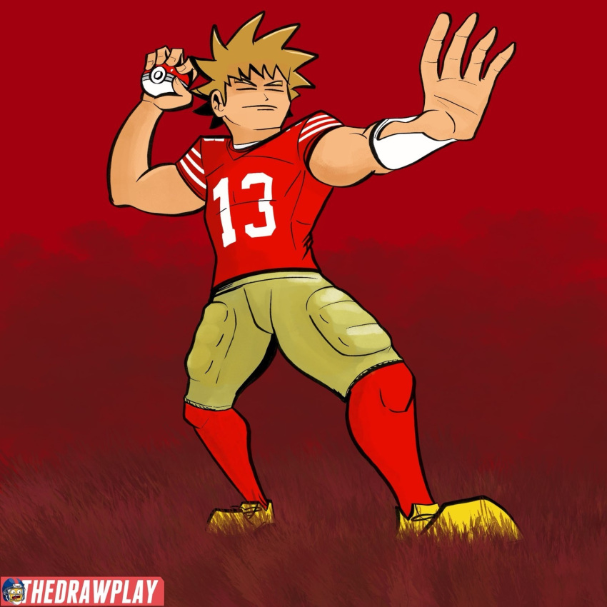 1boy, american_football, american_football_uniform, brock_(pokemon), brock_purdy, brock_purdy_(cosplay), brown_hair, closed_eyes