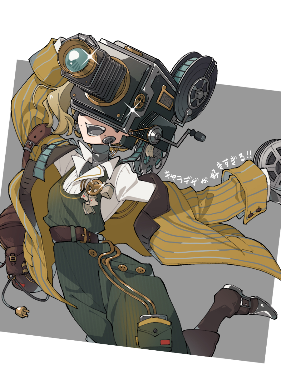 1girl, arm_up, bag, belt, blonde_hair, boots, border, brown_bag, brown_belt, brown_boots, collared_shirt, cowboy_shot, film_reel, glint, green_overalls, grey_background, grey_tongue, highres, jacket, kaeru_(uj26cobrsv), leg_up, loggerhead_(reverse:1999), movie_camera, object_head, open_mouth, outside_border, overalls, reverse:1999, shirt, shoulder_bag, side_ponytail, solo, teeth, white_border, white_shirt, yellow_jacket
