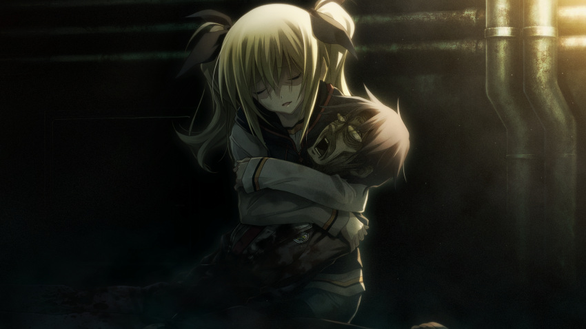 1boy, 1girl, arimura_hinae, arms_around_neck, bags_under_eyes, black_bow, black_pantyhose, black_ribbon, black_theme, black_vest, blonde_hair, blood, blood_on_clothes, blue_hair, blue_shorts, bow, brown_shoes, chaos;child, closed_eyes, colored_skin, corpse, dark, decay, dirty, exhausted, game_cg, green_skin, hair_between_eyes, hair_bow, hekiho_academy, hekiho_academy_uniform, highres, holding, hood, hooded_vest, hoodie, hug, jacket, lapels, light_particles, long_hair, long_sleeves, miyashiro_takuru, multiple_hair_bows, necktie, non-web_source, notched_lapels, official_art, open_mouth, pantyhose, pantyhose_under_shorts, pink_lips, red_necktie, ribbon, rotten, rotting, sasaki_mutsumi, school_emblem, sewer, shiny_lips, shirt, shoes, shorts, sidelocks, sleeves_past_wrists, solo, striped_sleeves, teeth, tongue, tube, vest, white_shirt, wide-eyed
