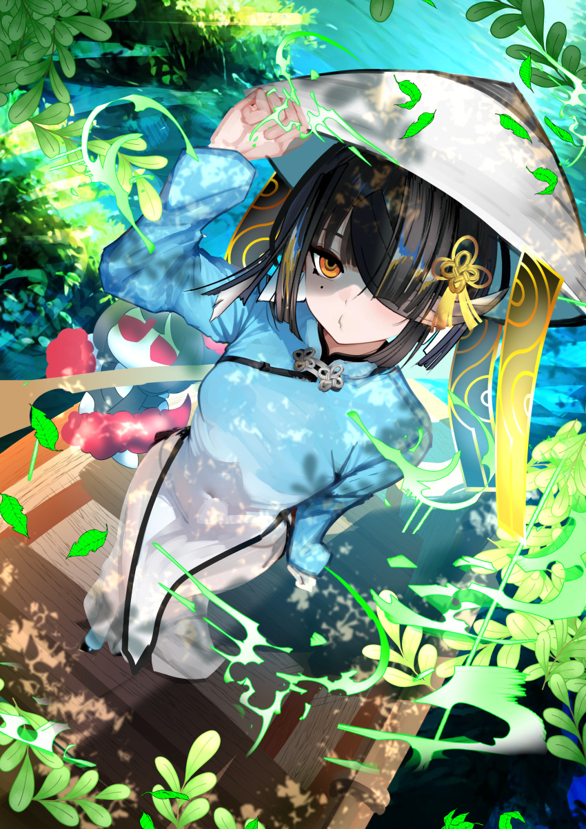 1girl, absurdres, ao_dai, black_hair, fate/grand_order, fate_(series), hair_over_eyes, hat, highres, hime_cut, kitsunebi44410, leaf, long_bangs, orange_eyes, pout, rice_hat, tassel, water, xu_fu_(fate)