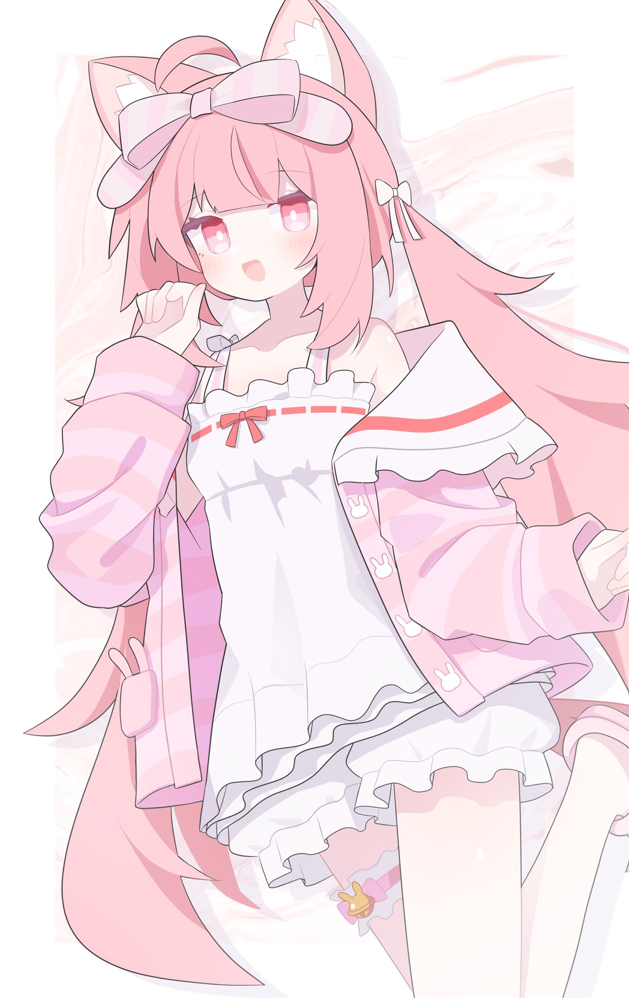 1girl, :d, ahoge, alternate_costume, animal_ear_fluff, animal_ears, bare_shoulders, bloomers, blunt_bangs, blush, border, bow, bright_pupils, cardigan, cat_ears, cat_girl, cat_tail, chiffon_(vrchat), collarbone, commission, cowboy_shot, dot_nose, dress, drop_shadow, flat_chest, frilled_thigh_strap, frills, hair_bow, hand_up, highres, jacket, jacket_partially_removed, leg_up, long_hair, long_sleeves, looking_at_viewer, low_twintails, multiple_hair_bows, off_shoulder, open_cardigan, open_clothes, open_jacket, open_mouth, pajamas, pink_bow, pink_cardigan, pink_eyes, pink_hair, pink_jacket, pink_pajamas, pink_ribbon, ribbon, satoh_vrc, sidelocks, skeb_commission, sleeveless, sleeves_past_wrists, slippers, smile, solo, spaghetti_strap, standing, standing_on_one_leg, striped_clothes, striped_jacket, symbol-shaped_pupils, tail, thigh_strap, twintails, underwear, very_long_hair, vrchat, white_background, white_bloomers, white_border, white_bow, white_dress, white_pupils, zoom_layer