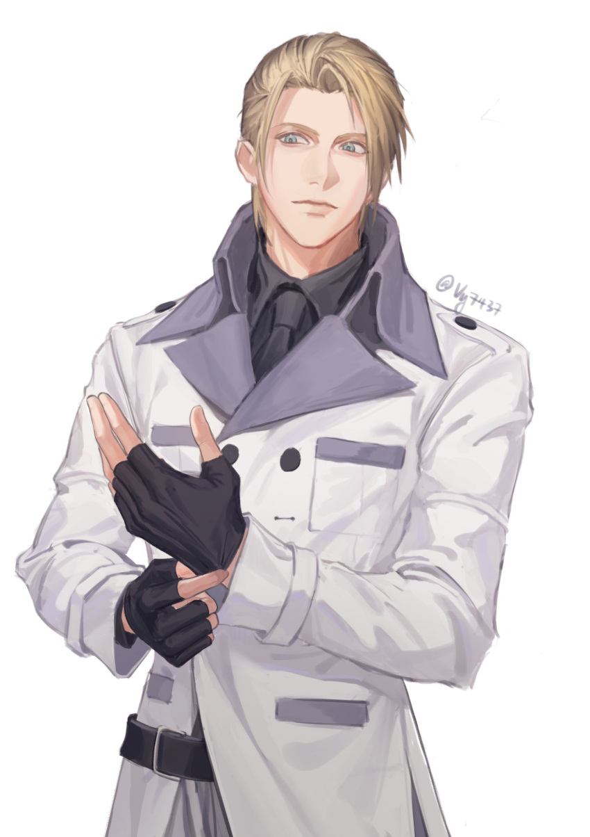 1boy, adjusting_clothes, adjusting_gloves, arms_up, belt, black_belt, black_gloves, black_necktie