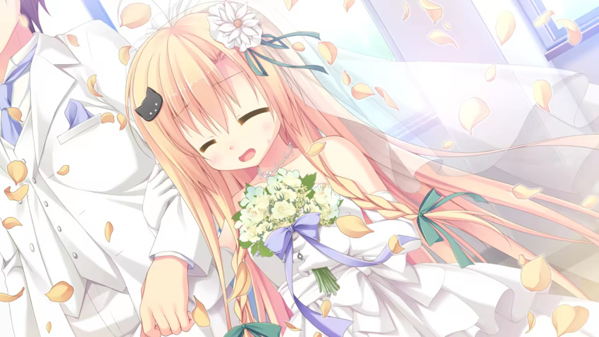 ayasaki_nanoka, blonde_hair, closed_eyes, dress, flower, hair_flower, hair_ornament, hare_nochi_kitto_nanohana_biyori, non-web_source, smile, wedding_dress