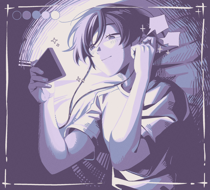 1girl, blank_speech_bubble, blush, cellphone, dark_room, earphones, earphones, futsuu_no_keion-bu, highres, holding, holding_phone, kouyama_rin, light_smile, looking_at_phone, monochrome, phone, pixie_cut, purple_theme, rra_(yj), shirt, short_hair, smartphone, solo, speech_bubble, t-shirt
