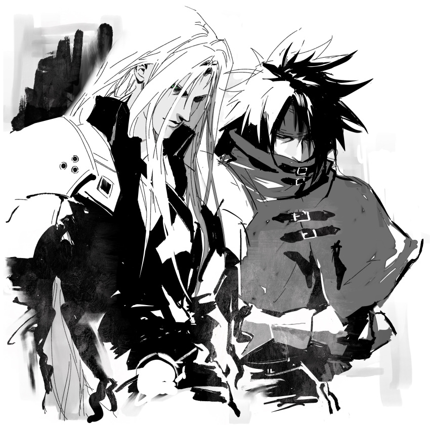 2boys, absurdres, armor, chinese_commentary, cloak, closed_eyes, closed_mouth, coat, collared_coat, commentary_request, covered_mouth, cropped_legs, final_fantasy, final_fantasy_vii, grey_background, greyscale, headband, highres, kyuu_vide, long_hair, male_focus, monochrome, multiple_boys, parted_bangs, pauldrons, sephiroth, shoulder_armor, vincent_valentine, wing_collar