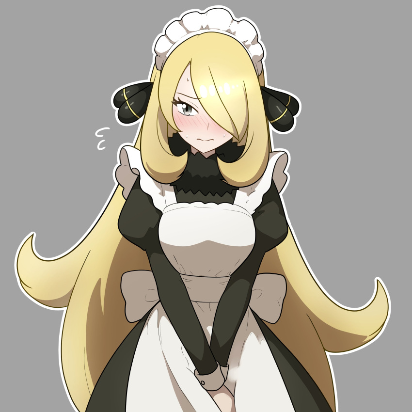 1girl, absurdres, alternate_costume, apron, black_dress, black_eyes, blonde_hair, blush