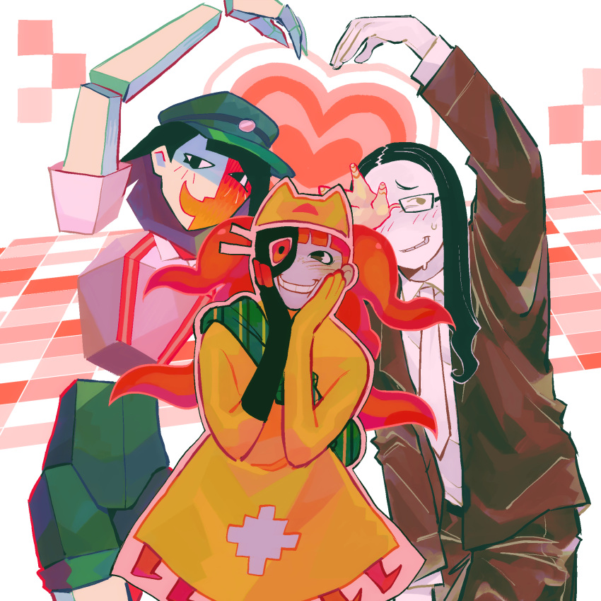 3girls, animal_hat, aztec_glyphs, black_jacket, blunt_ends, blush, cat_hat, colored_skin