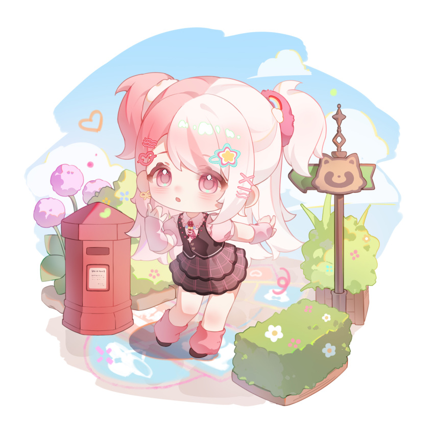 1girl, absurdres, arrow_(symbol), bead_necklace, beads, bibcoon, black_shoes, black_vest