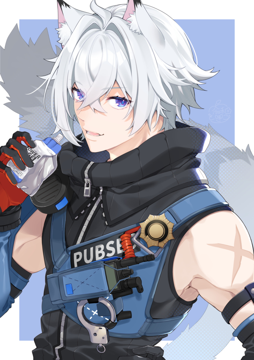 1boy, animal_ears, blue_eyes, bottle, cat_boy, cat_ears, hair_between_eyes, hanata, highres, holding, holding_bottle, looking_at_viewer, open_mouth, scar, scar_on_shoulder, seth_lowell, short_hair, simple_background, tail, white_background, white_hair, zenless_zone_zero