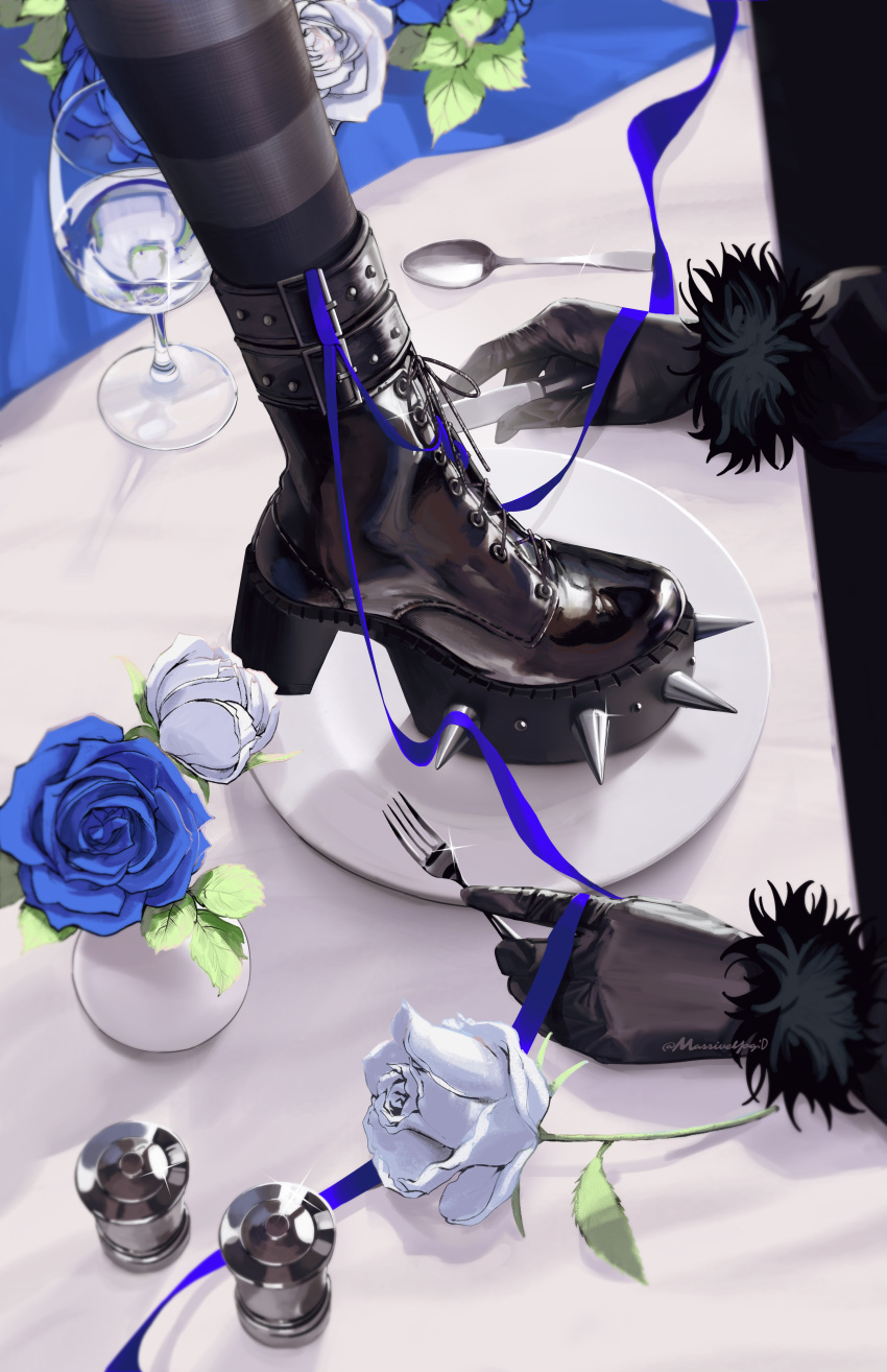 2girls, absurdres, black_boots, black_gloves, black_thighhighs, blue_flower, blue_rose, boots