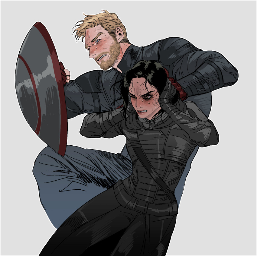 1boy, 1girl, animification, beard, belt, black_belt, black_bodysuit, black_gloves