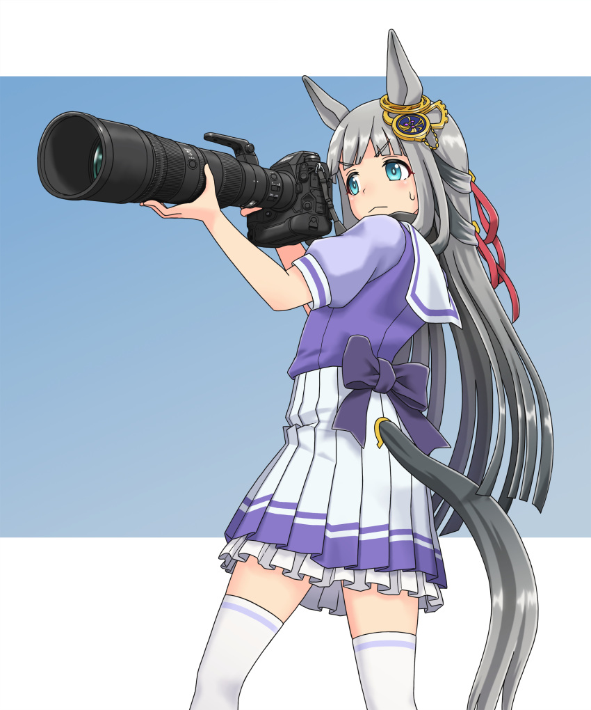 1girl, :>, absurdres, animal_ears, blue_eyes, blunt_bangs, blush, camera
