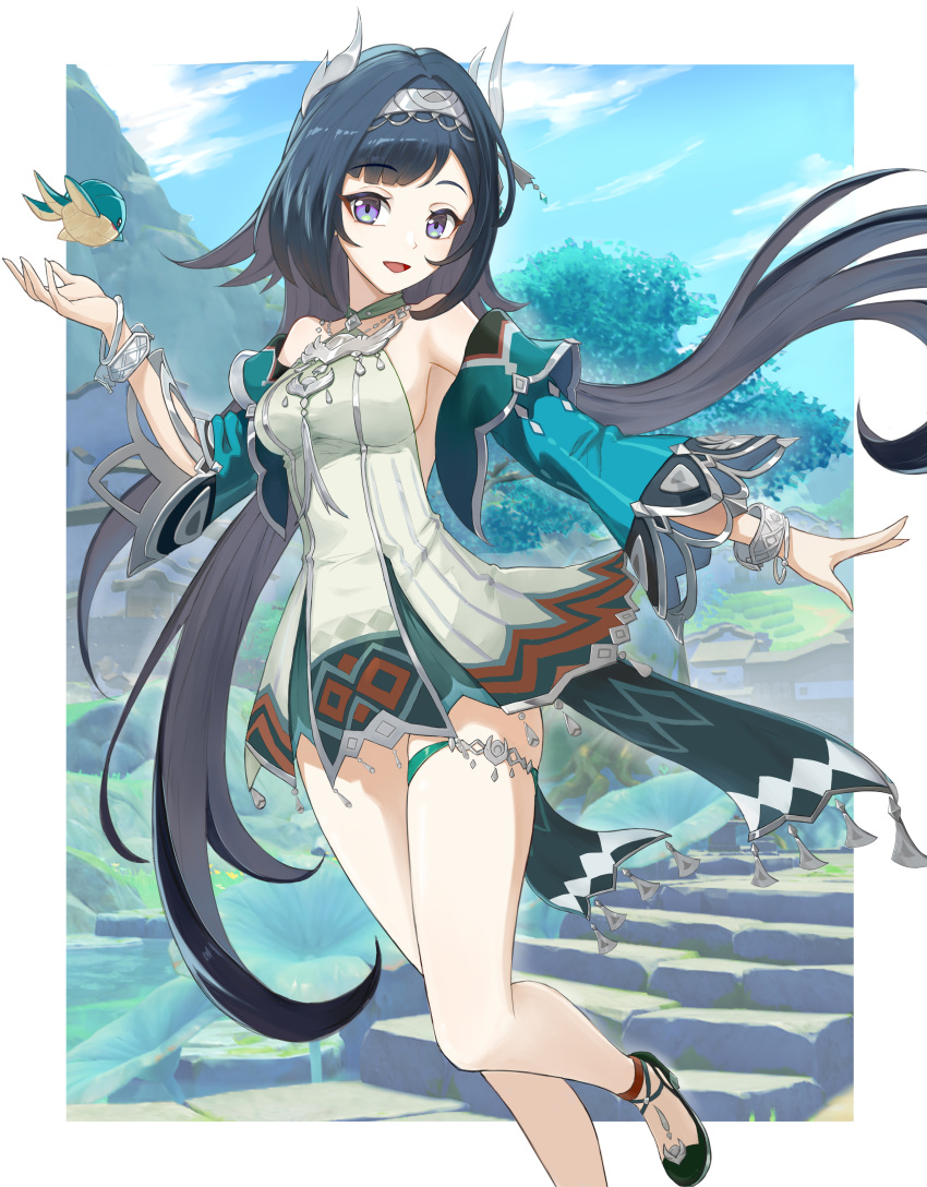 1girl, absurdres, bare_legs, bare_shoulders, bird, bird_hair_ornament, bird_ornament, black_hair