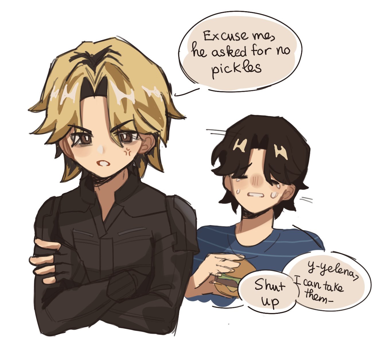 1boy, 1girl, anger_vein, animification, annoyed, black_bodysuit, black_gloves, black_hair