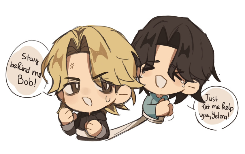 >_<, 1boy, 1girl, anger_vein, black_bodysuit, blonde_hair, blue_shirt, bodysuit