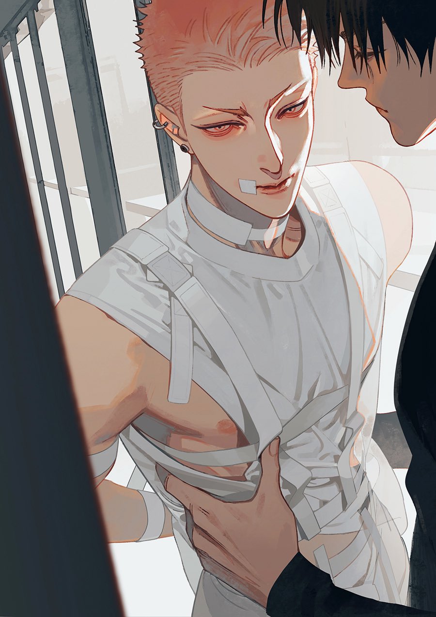 19_tian, 2boys, black_hair, earrings, expressionless, hand_on_another's_waist, he_tian, highres
