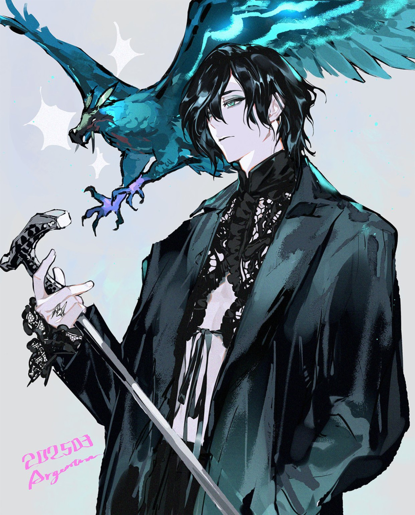 1boy, argentum_1121, arm_up, artist_name, black_coat, black_hair, blue_eyes, cane