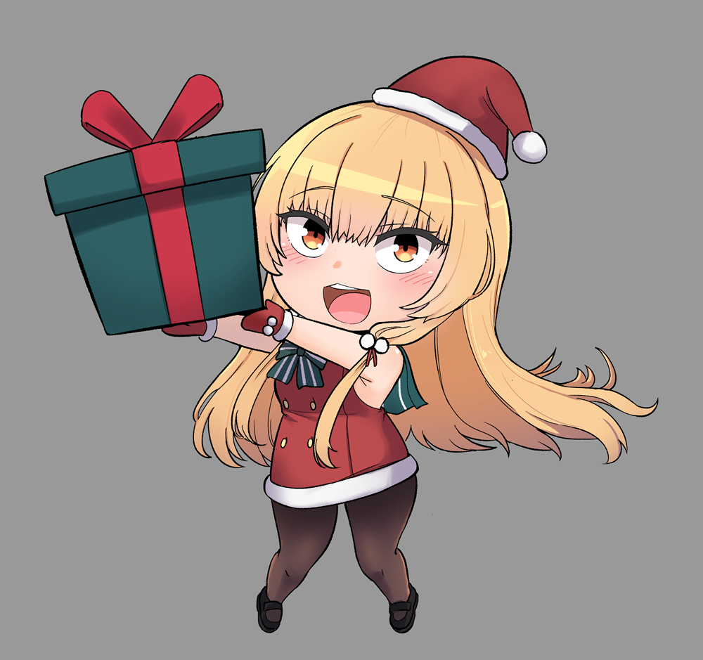 1girl, black_shoes, blonde_hair, blush, bow, bowtie, chestnut_mouth, chibi
