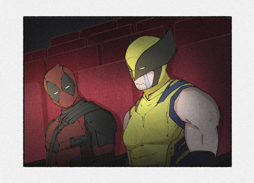 2boys, anger_vein, bare_shoulders, belt, black_belt, black_bodysuit, bodysuit, border, closed_mouth, covered_collarbone, crying, crying_with_eyes_open, deadpool, deadpool_&amp;_wolverine, deadpool_(series), facial_hair, half-closed_eyes, helmet, looking_at_another, looking_to_the_side, male_focus, marvel, marvel_cinematic_universe, movie_theater, multiple_boys, muscular, muscular_male, on_chair, red_bodysuit, sitting, streaming_tears, superhero_costume, tears, two-tone_bodysuit, upper_body, white_border, wolverine_(x-men), yamuoez, yellow_bodysuit
